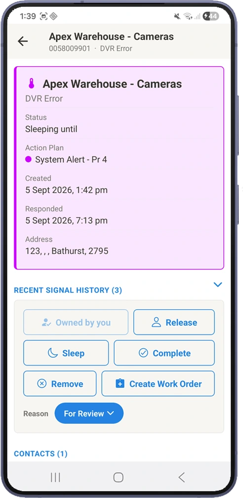 Activation detail with sleep, complete, release and create work order