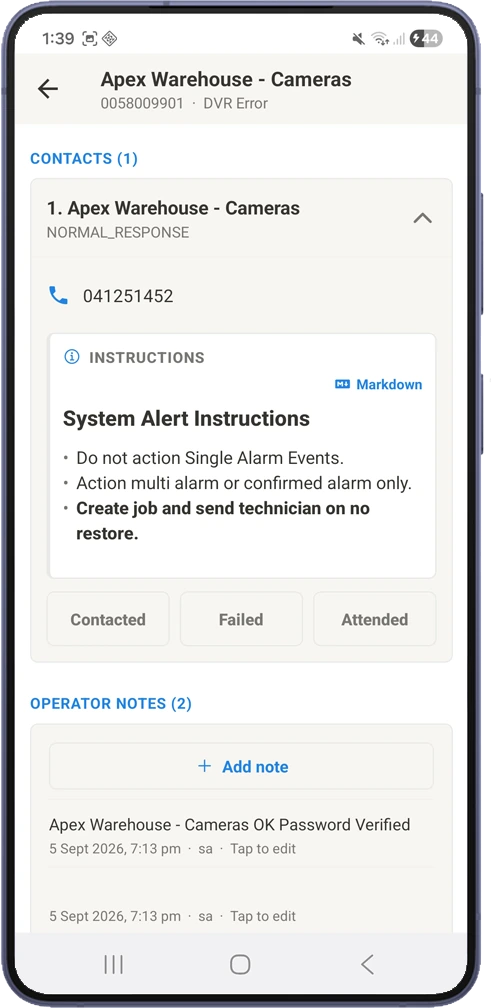 Contact list with instructions and contact outcomes