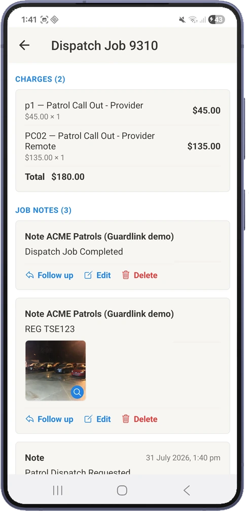 Job record with charges and job notes