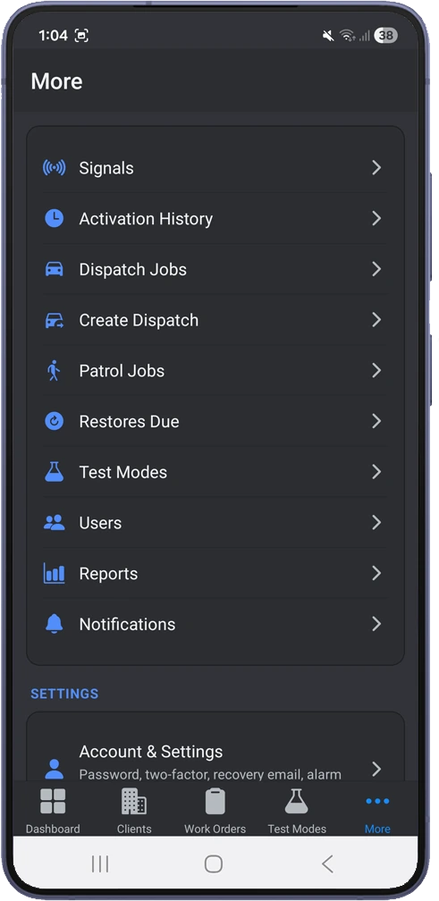 Menu with dispatch jobs, patrol jobs, restores due and test modes